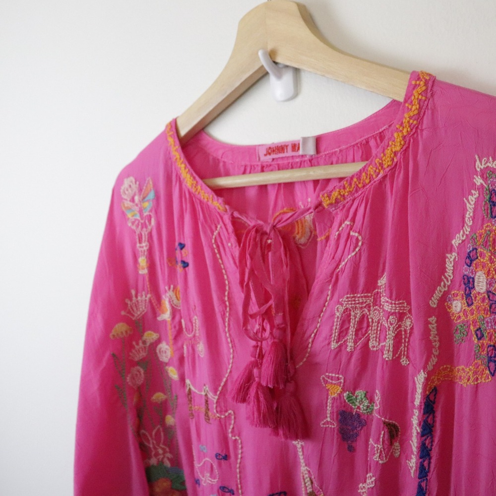 Johnny Was Zadonia Embroidered Tie Neck Blouse‎ 1X Fuchsia Pink - Picture 9 of 11